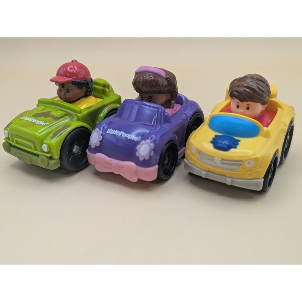 Fisher-Price Little People Wheelies Toy Cars Lot of 3 Green Purple Yellow